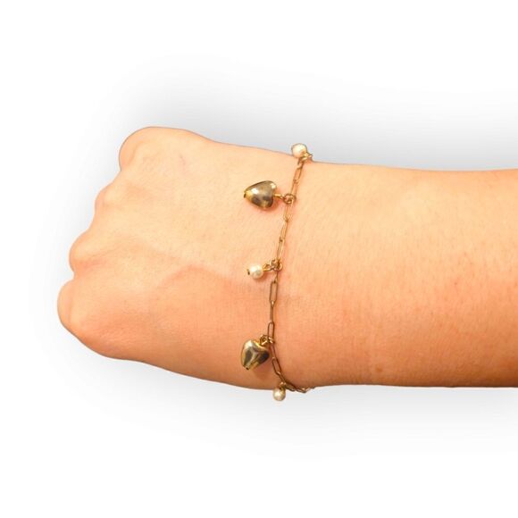 Mini Puffy Heart and Pearl Bead Dangle Link Bracelet - Picture 2 of 12